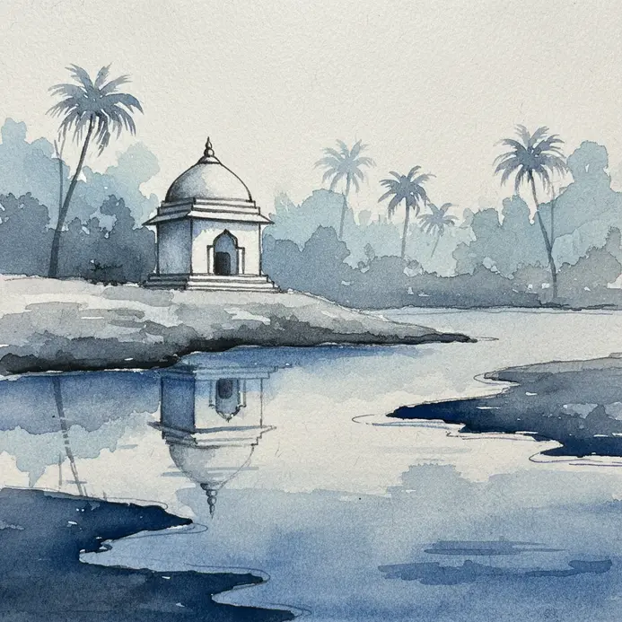 A small white temple sits on the bank of a calm, reflective river.