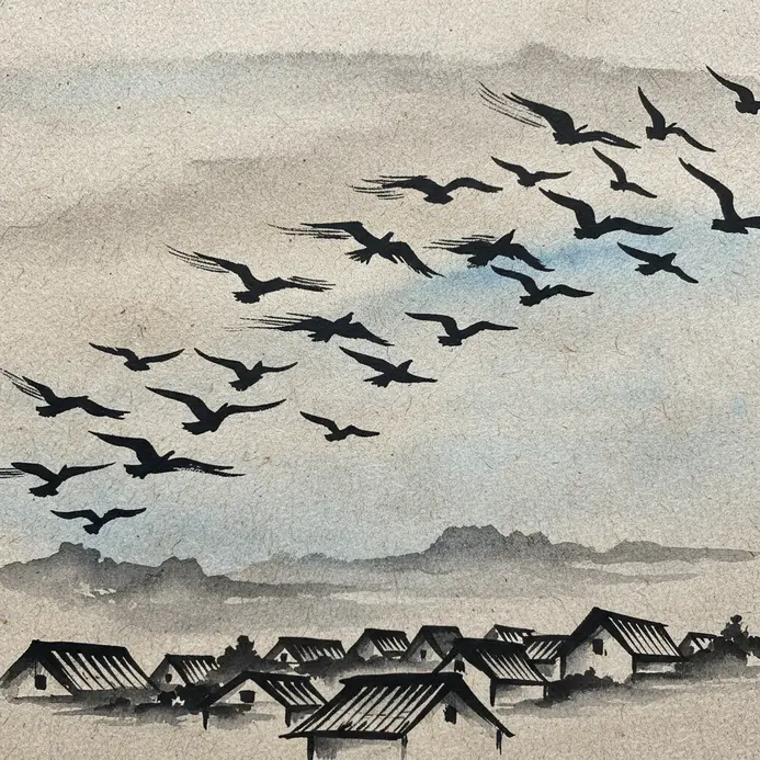 A flock of birds flies in formation above the thatched roofs of village homes.