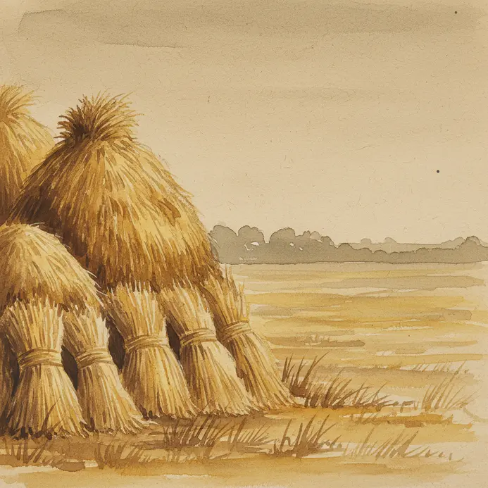 Golden haystacks stand tall in a harvested field under a wide sky.