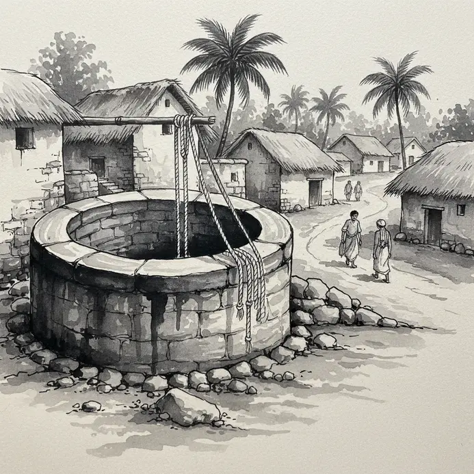 A circular stone well sits in a clearing, with a rope hanging over its edge.