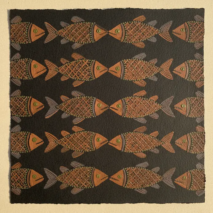 Several simplified, tribal-style fish shapes painted in terracotta and black to form a repeating mosaic pattern.