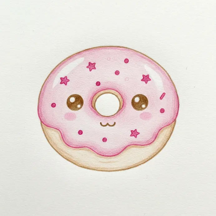 A round pink donut with a happy face and colorful sprinkles drawn with clean lines.