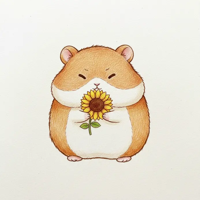 A round, blushing hamster character holding a simple sunflower, drawn with minimal details.