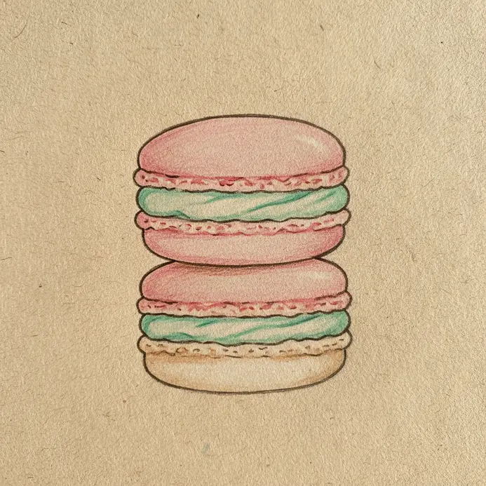 A stack of three colorful macarons with a creamy filling and a cute face on the top cookie.