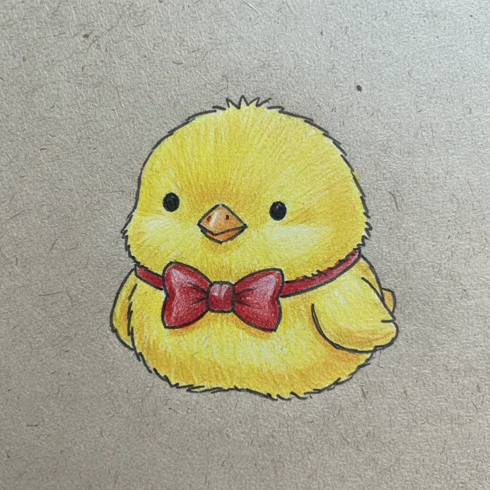 A small yellow chick with a round body, a tiny beak, and a red bow tie drawn with basic shapes.