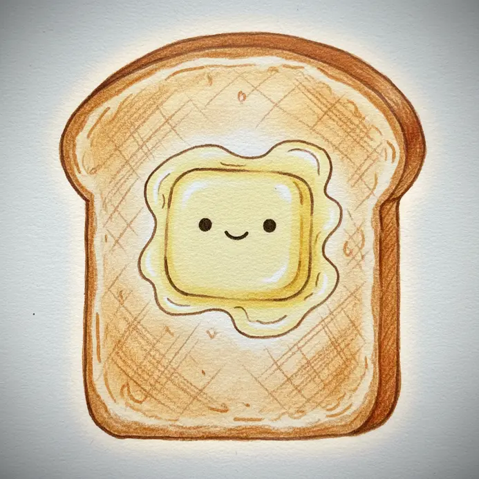 A slice of toasted bread with a pat of butter on top, featuring a simple happy face.