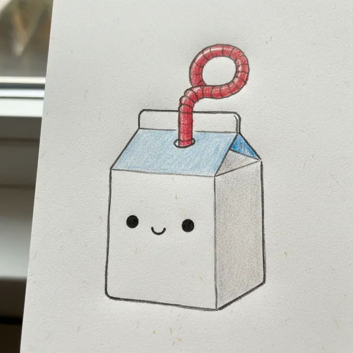 A rectangular milk carton with a folded top, a straw, and a happy face drawn on the front.