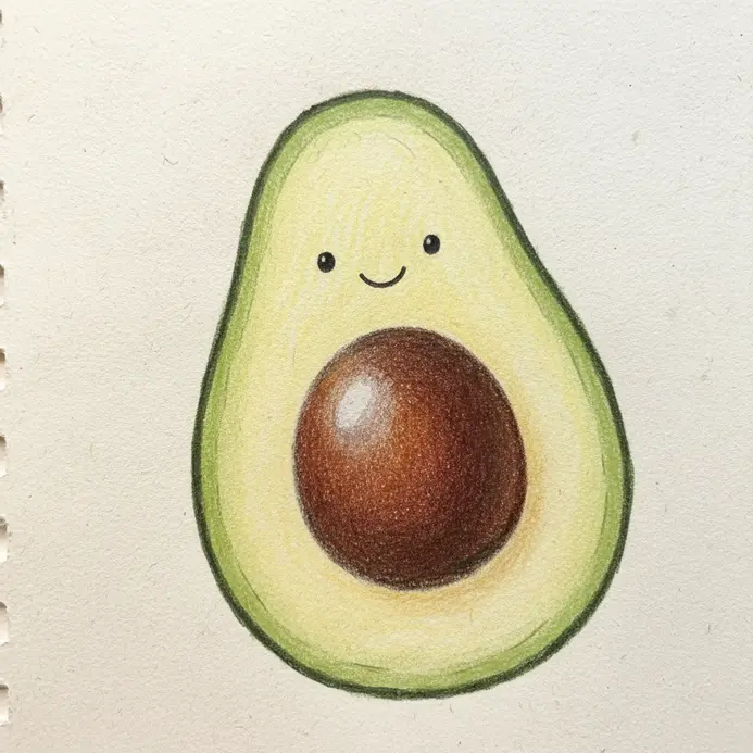 A smiling green avocado slice with a large pit, drawn with a simple outline and blush marks.