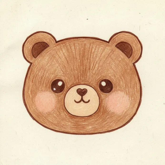 A circular brown bear face with large round eyes, small ears, and a tiny smiling mouth.