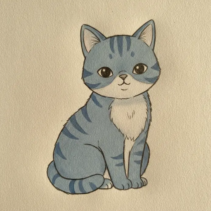 A simple blue cat with stripes sitting down, featuring a round head and a curled tail.
