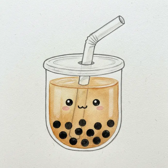 A tall cup of boba tea with a cheerful face, a wide straw, and round tapioca pearls inside.