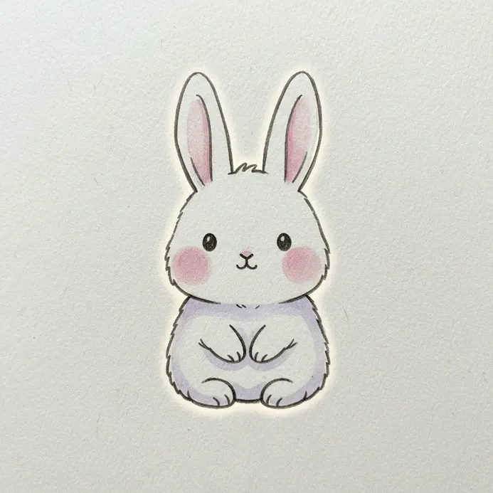 A white bunny with long floppy ears sitting down, drawn with a round body and pink cheek marks.