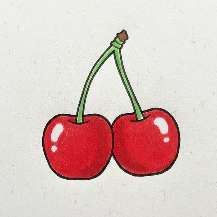 Two red cherries connected by a green stem, each with a simple smiling face and a highlight.