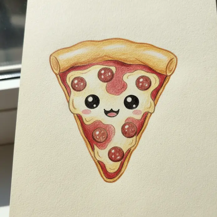 A triangular slice of pizza with pepperoni, melted cheese, and a happy face with large eyes.