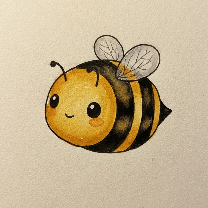 A small golden bee with black stripes, tiny wings, and a friendly expression drawn with clean lines.
