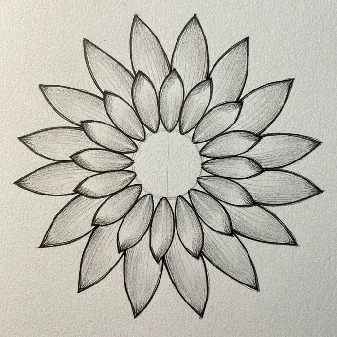 Pencil sketch showing teardrop shapes radiating from a central point.