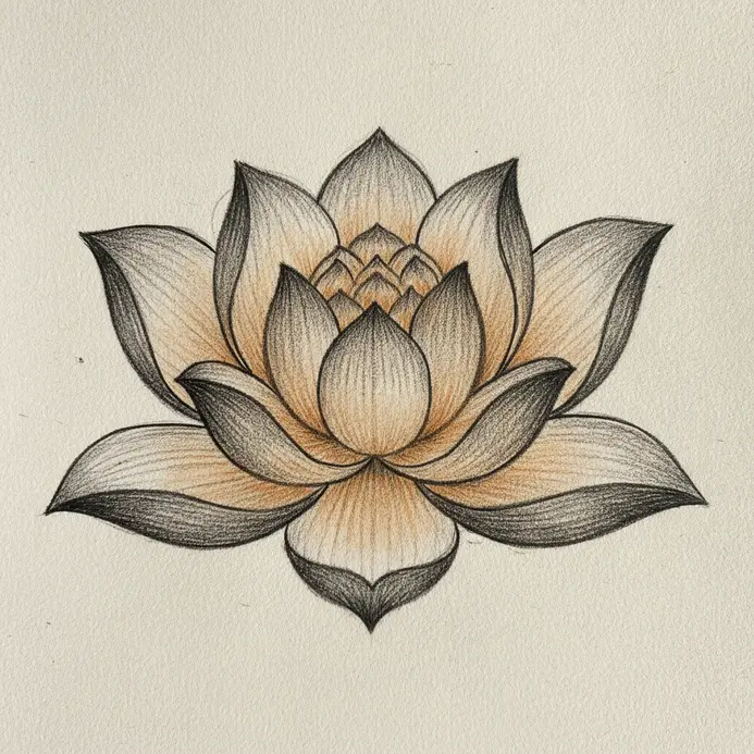 A lotus sketch with mirrored petal shapes on the left and right sides.