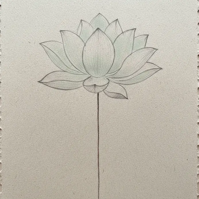A simple vertical line drawn downward from the base of a lotus sketch.
