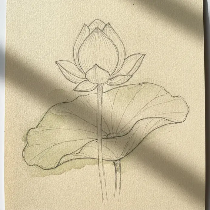A pencil outline of a broad leaf placed beside a flower stem.
