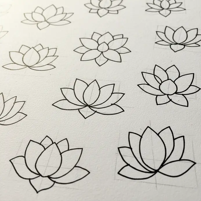 A fine liner pen defining the clean, final outlines of a lotus drawing.