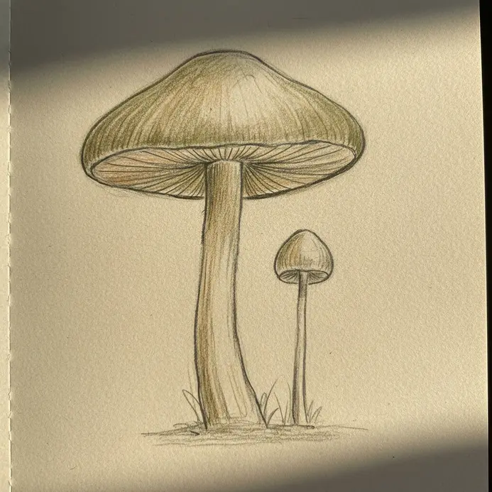A tall, large-capped mushroom stands next to a much smaller, shorter one.
