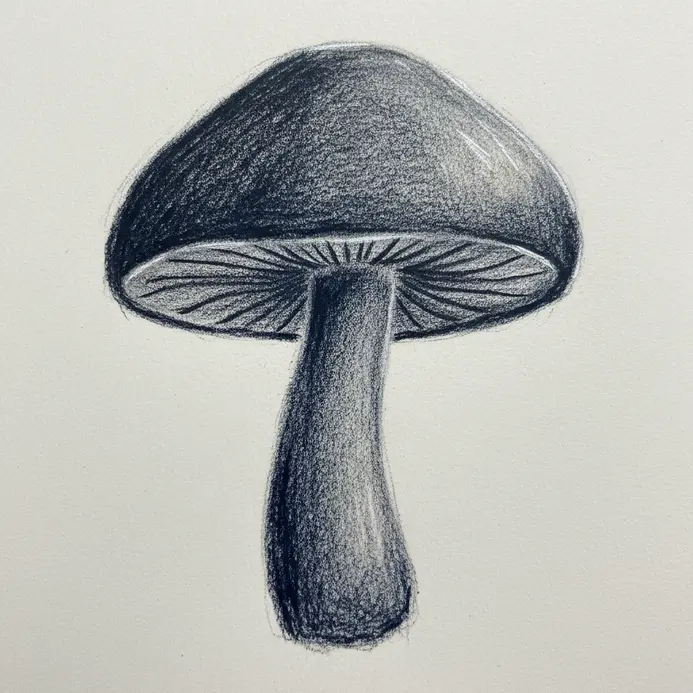 A solid, dark gray shape defines the form of a mushroom without interior lines.