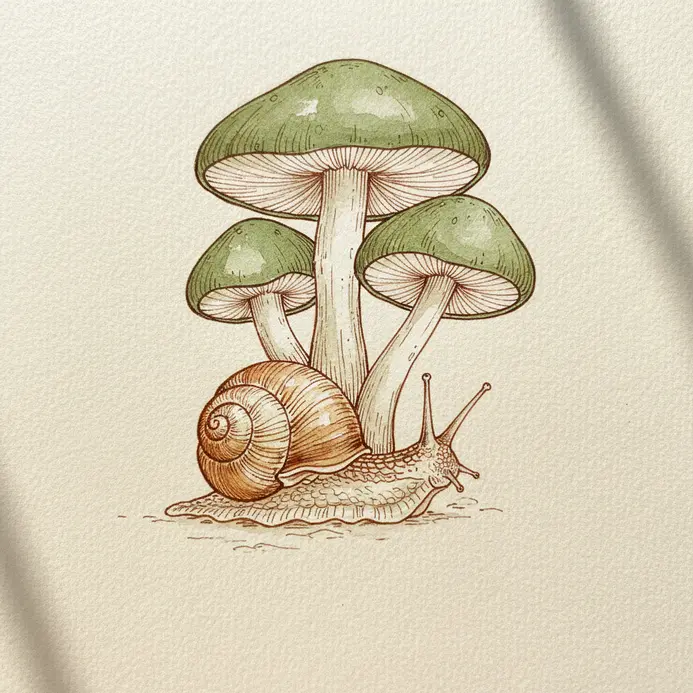 A snail with a spiral shell rests on the ground near the base of a mushroom.