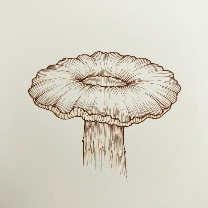 A mushroom stem features a detailed, ruffled ring just below the cap.