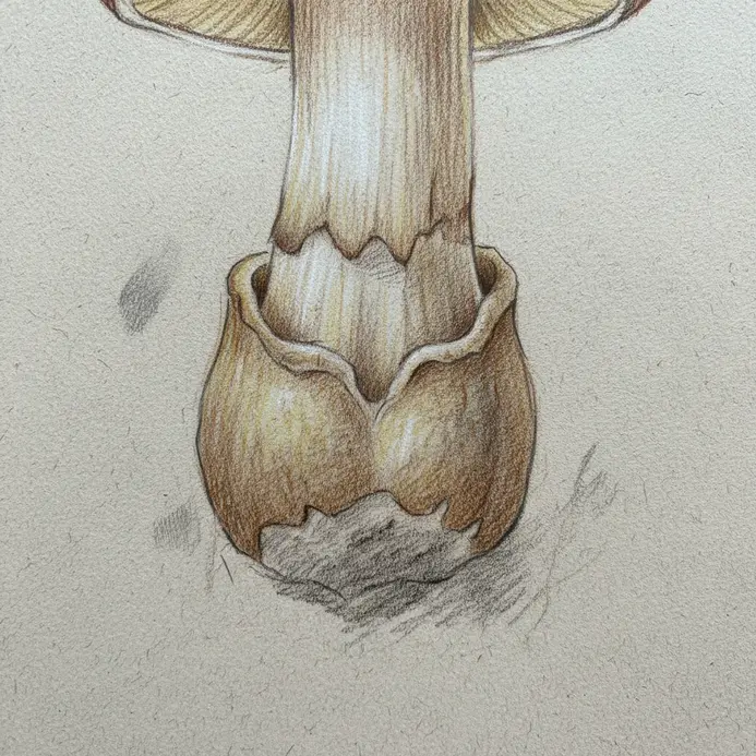 The base of a mushroom stem emerges from a distinct, cup-shaped structure.