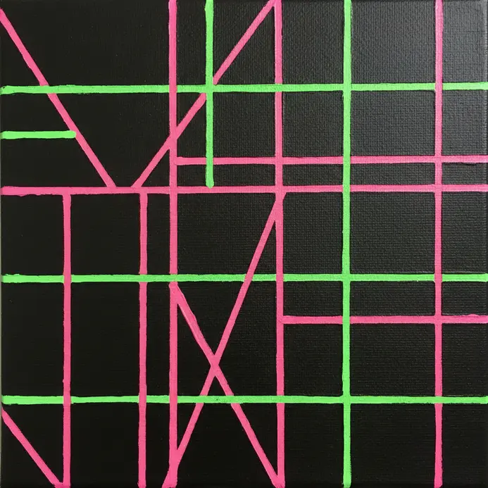 A black canvas with a grid of intersecting neon pink and green lines forming geometric shapes.