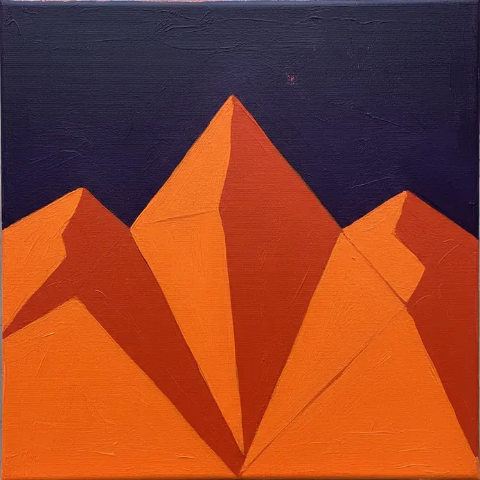 A landscape of triangular mountain shapes in solid neon orange against a dark purple sky.