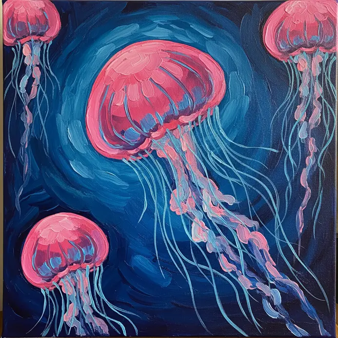 Several jellyfish with glowing neon pink bells and long, flowing tentacles in a deep blue underwater scene.