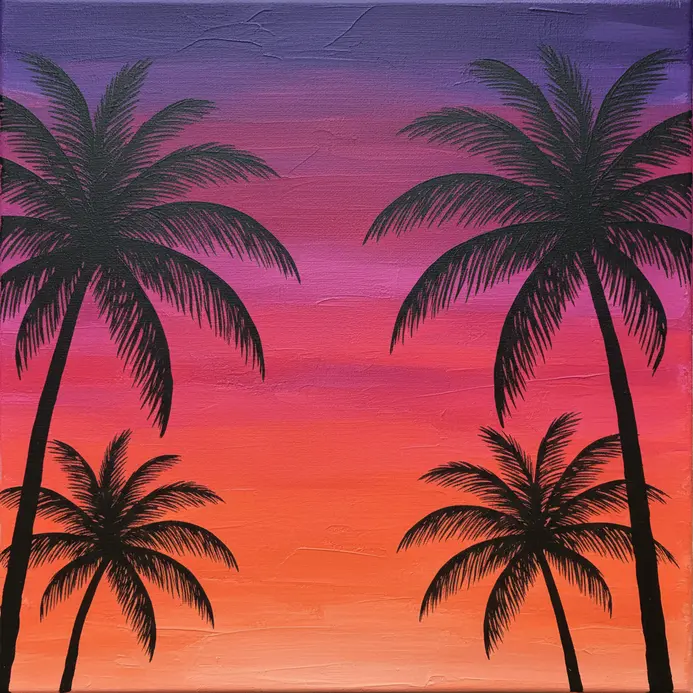 Black silhouettes of palm trees against a bright gradient sunset sky painted in neon colors.