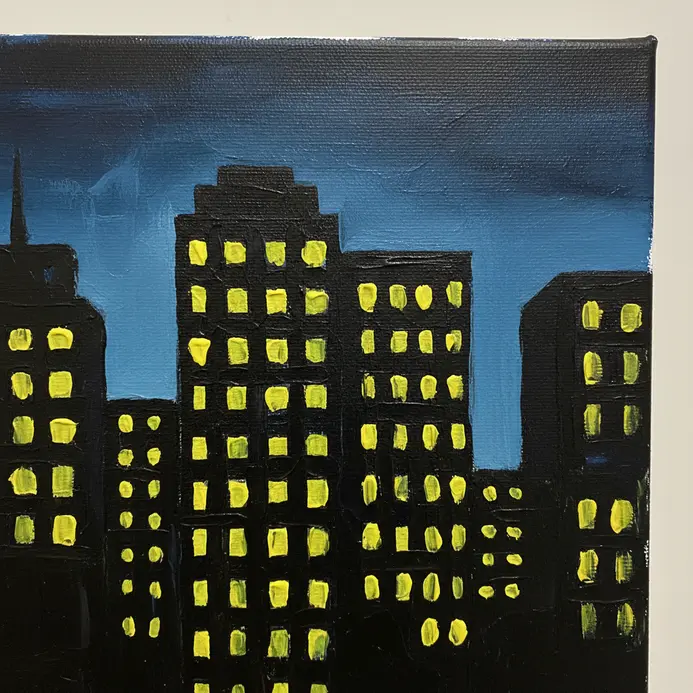 A black city skyline silhouette against a dark blue sky with neon yellow squares for lit windows.