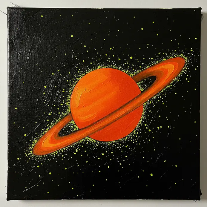 A large neon orange planet with rings, surrounded by tiny dots of neon stars on a black canvas.