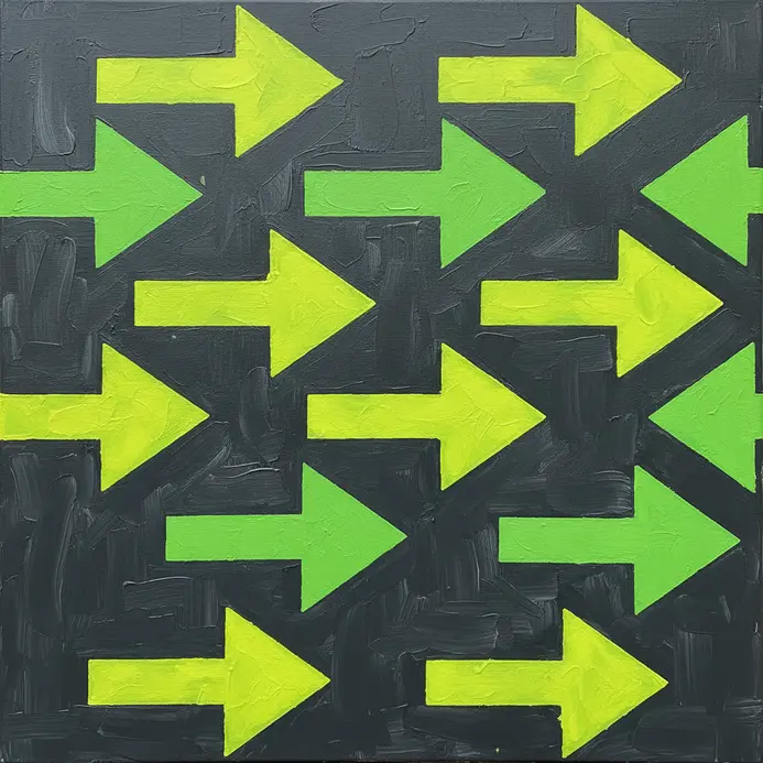 A series of stenciled arrows in neon yellow and green pointing in various directions on a dark gray background.