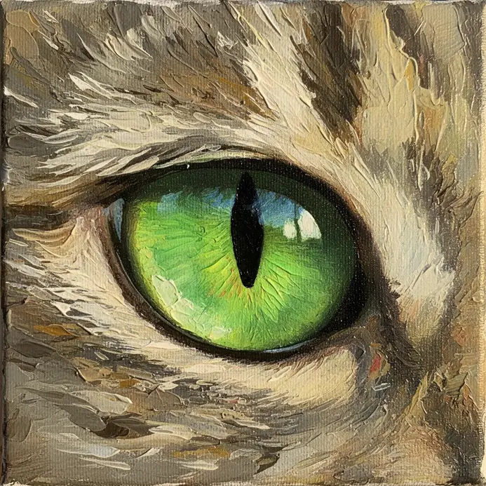 A close-up of a cat's eye with the iris painted in radiant neon green and a black slit pupil.