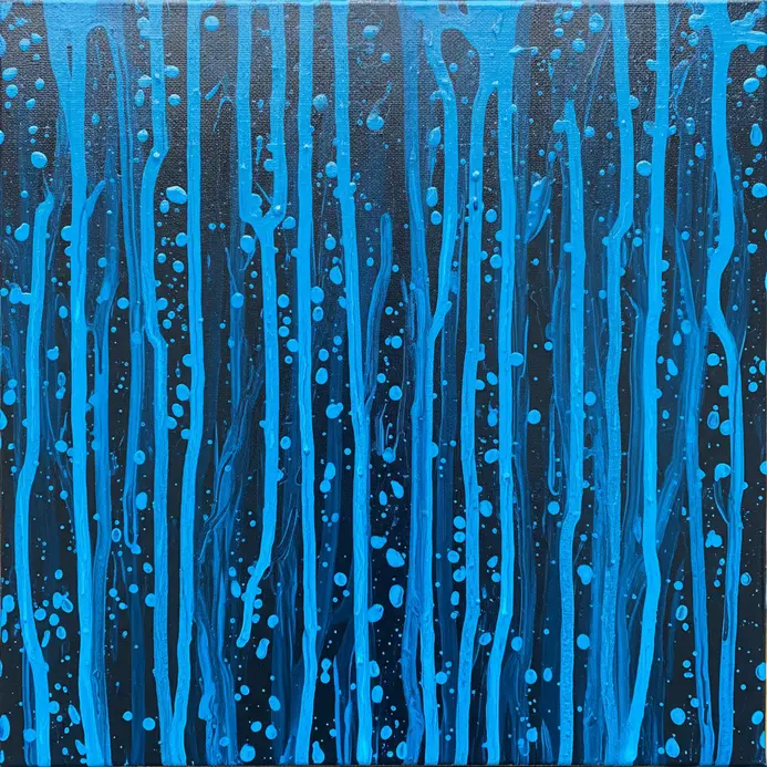 Vertical streaks and droplets of neon blue paint on a black background, mimicking rain on a window.