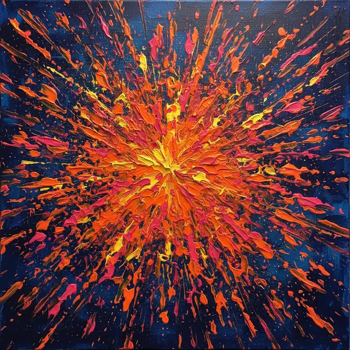 A dark blue night sky with splatters of neon orange, pink, and yellow creating a starburst effect.