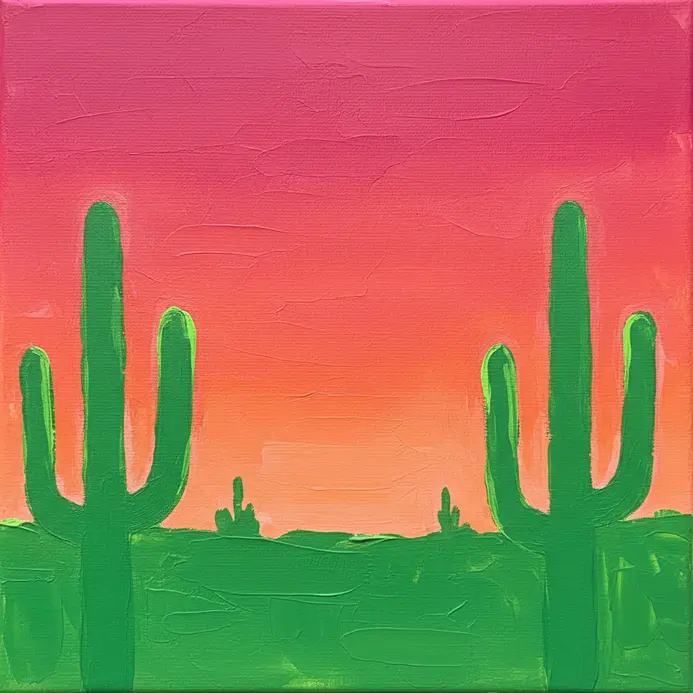 Simple silhouettes of various cacti painted in solid neon green under a neon pink sunset sky.