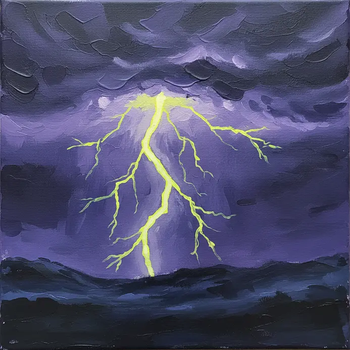 A jagged neon yellow lightning bolt cutting through a purple and black stormy sky over dark hills.