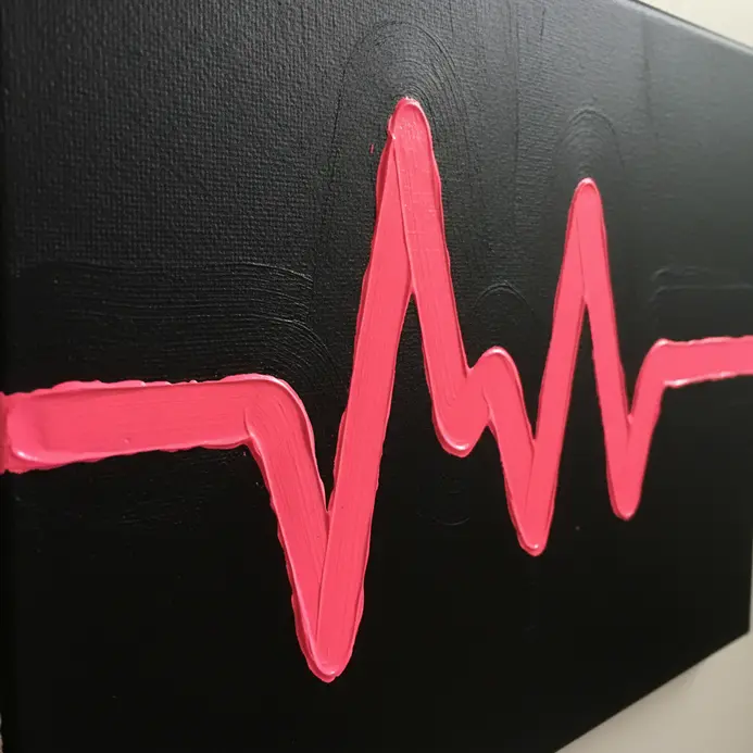 A sound wave pattern with peaks and valleys, painted in a continuous neon pink line on a black background.