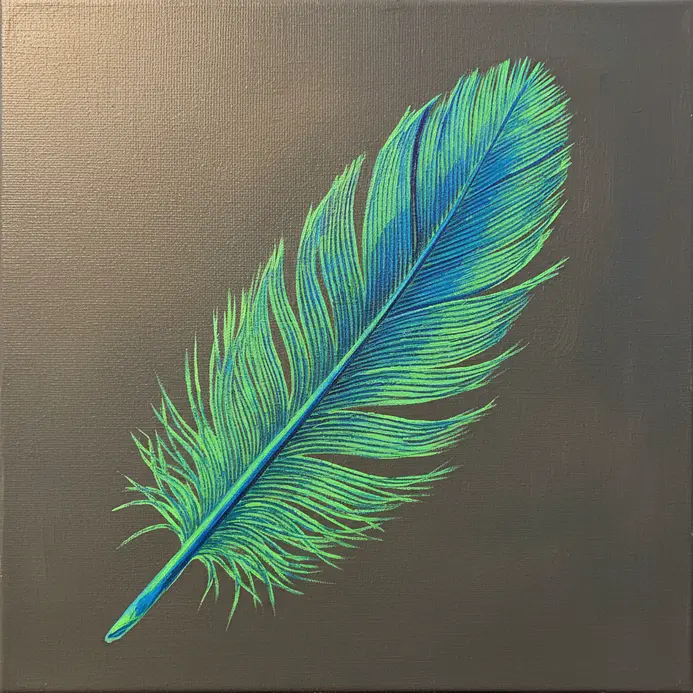 A single feather with a neon blue shaft and fine, hair-like filaments in neon green radiating from it.