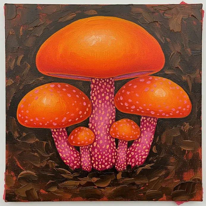 A cluster of mushrooms with neon orange caps and spotted stems growing on a dark forest floor.