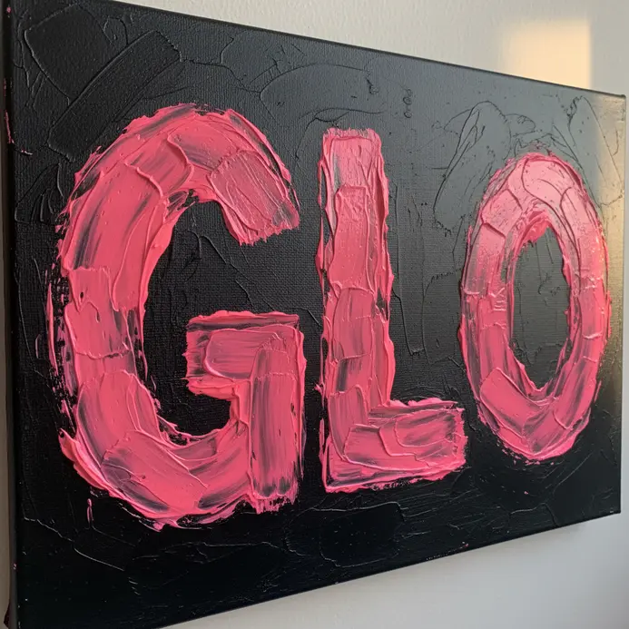 The word 'GLOW' painted with bold, expressive brushstrokes using neon pink acrylic paint on black.