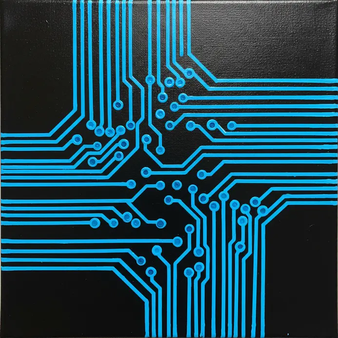 A pattern of straight and right-angled connecting lines with dots at junctions, all in neon blue on black.