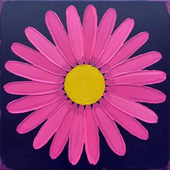 A simplified daisy with neon pink petals and a solid neon yellow center on a dark background.