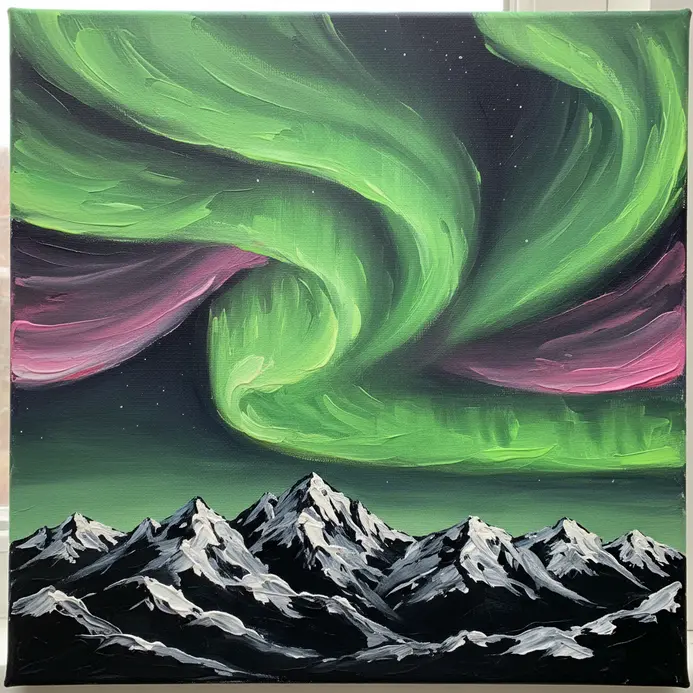 Green and pink wavy bands of neon color in the sky above dark, snow-capped mountain silhouettes.
