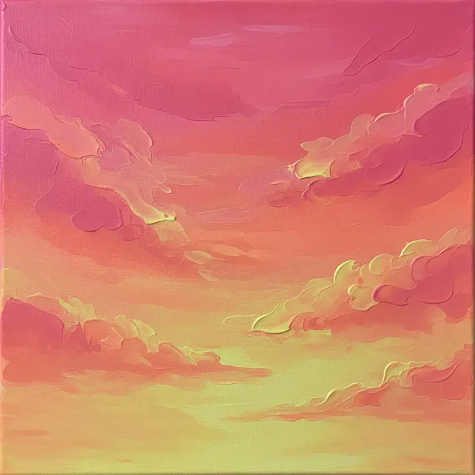 Fluffy cloud shapes blending from neon pink at the top to neon orange and yellow at the bottom.