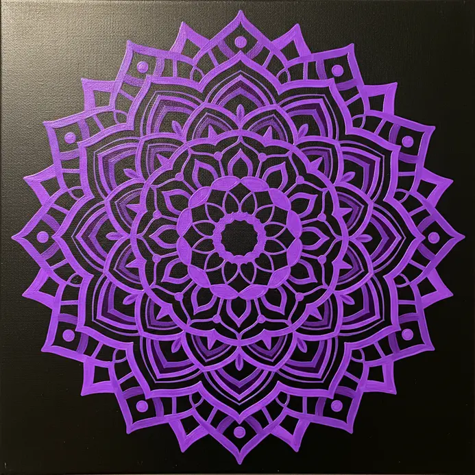 A circular mandala pattern with intricate, symmetrical designs stenciled in neon purple on a black canvas.